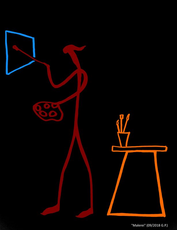 Malerei von Georg Pichl: rote Figur mit Palette vor einer blau umrissenen Leinwand und einem orangefarbenen Tisch auf schwarzem Grund