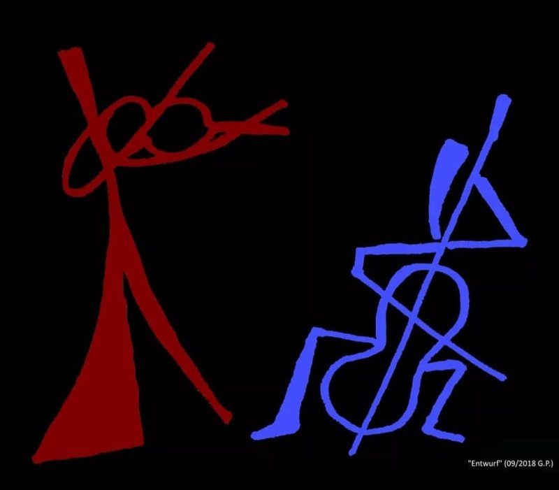 Classic von Georg Pichl: rote Gestalt und blau konturierte Cellofigur auf schwarzem Grund