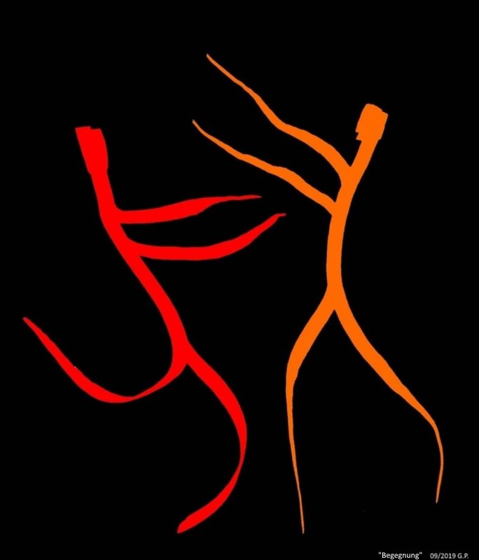 Begegnung (Encounter) by Georg Pichl: two figures drawn with a few lines in red and orange on a black ground