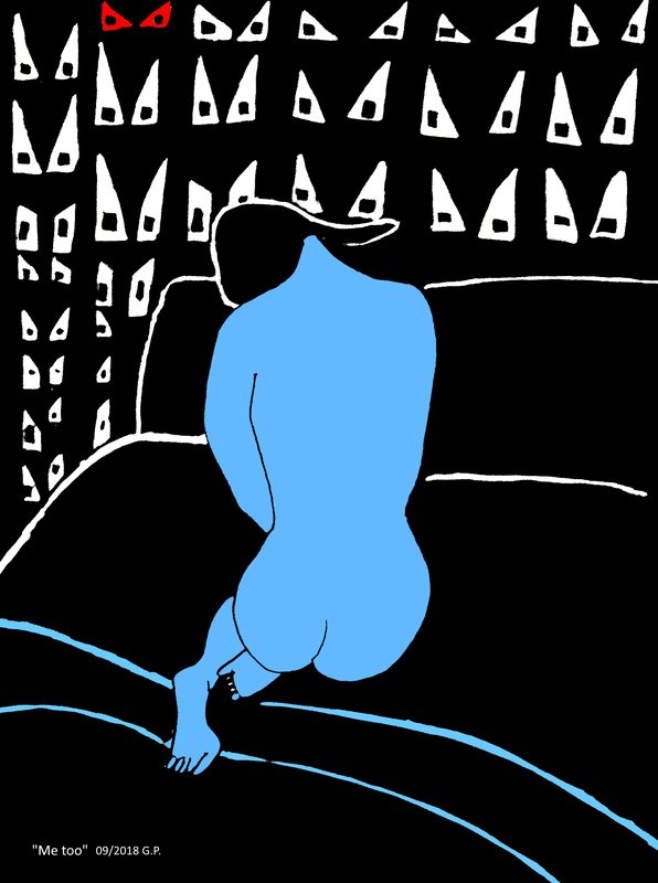Me too by Georg Pichl: light blue seated figure seen from behind on a black ground, surrounded by many white triangular shapes