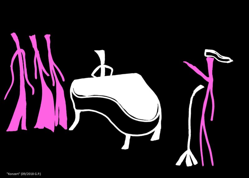 Konzert von Georg Pichl: Querformat auf Schwarz: links Figuren in Magenta, in der Mitte ein weißer Flügel, rechts eine weiße Figur