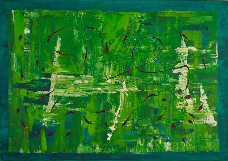 Wächter von Georg Pichl: querformatiges Bild: leuchtend grünes Feld mit hellen Farbzügen, kleinen roten Strichen und dünnen dunklen Linien, umgeben von einem breiten dunkelgrünen Rand