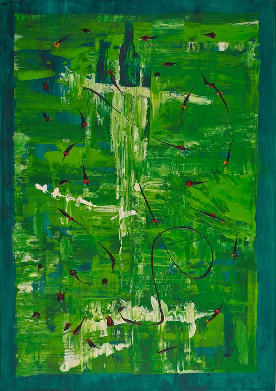 Wächter (Guardian) by Georg Pichl: vertical painting: bright green field with light strokes of color, small red marks, and thin dark lines, surrounded by a wide dark green border