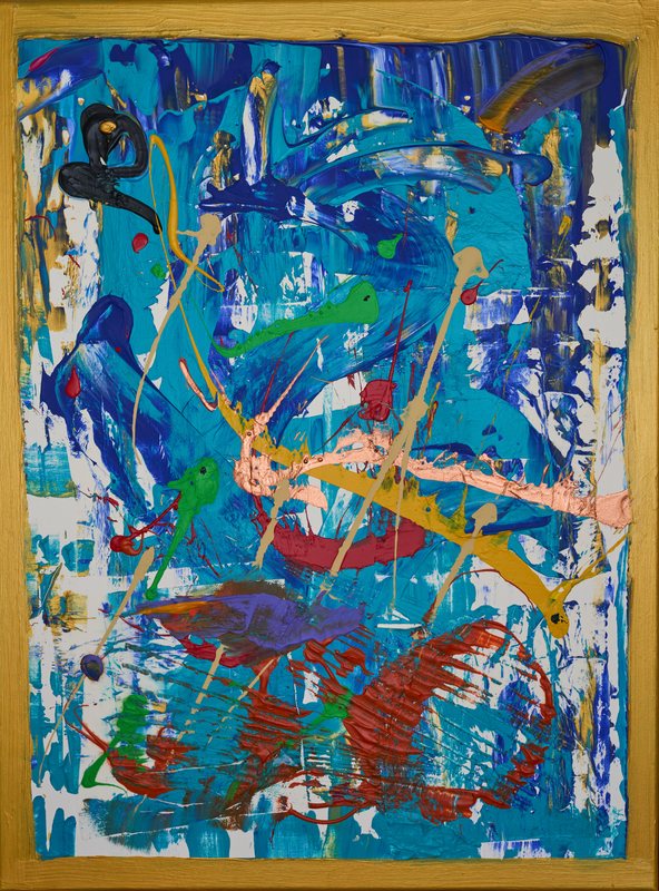 Chaos im goldenen Rahmen von Georg Pichl: hochformatiges Bild mit bewegten Farbspuren in Türkis, Blau, Rot und Grün, umgeben von einem gemalten goldenen Rand