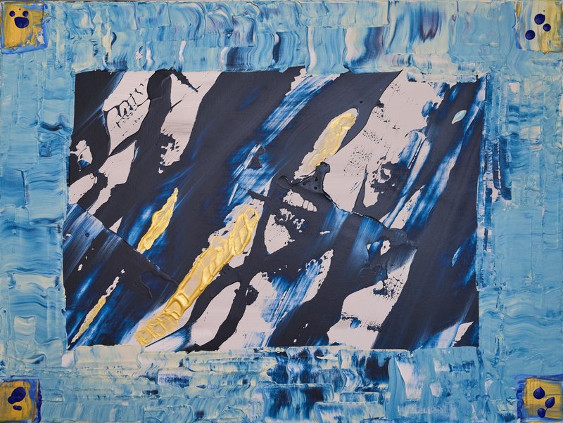 Confusion von Georg Pichl: querformatiges Bild: in der Mitte diagonale dunkle und helle Farbzüge mit Gold, umgeben von einem breiten hellblauen Rand mit goldenen Ecken