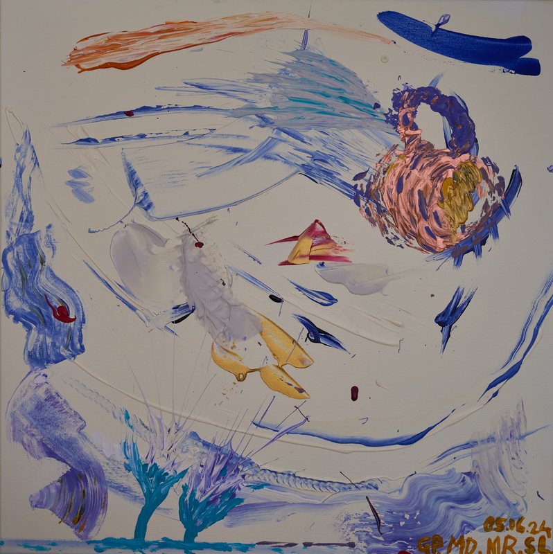White tea by the Ocean, Gemeinschaftsarbeit mit Georg Pichl: quadratisches Bild: auf hellem Grund schwungvolle Linien in Blau und Flieder, oben rechts eine rosé-violette Teekannenform, unten türkise, korallenartige Formen