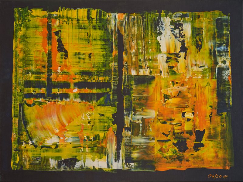 Glaubensfrage von Georg Pichl: querformatiges Bild in Gelb, Grün und Orange; links gitterartige Strukturen, rechts aufgebrochene, leuchtende Farbschichten