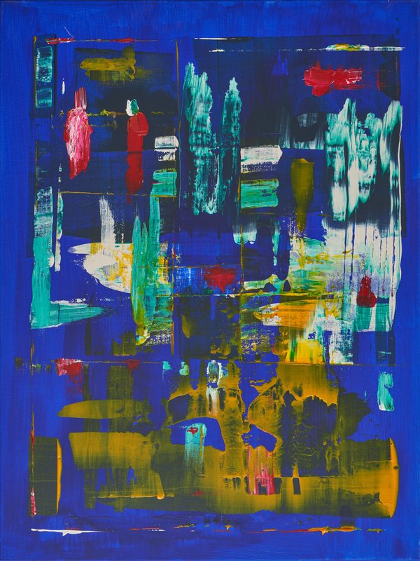 Illusion von Georg Pichl: hochformatiges Bild auf kräftigem Blau mit senkrechten Farbfeldern in Türkis, Gelb und Rot