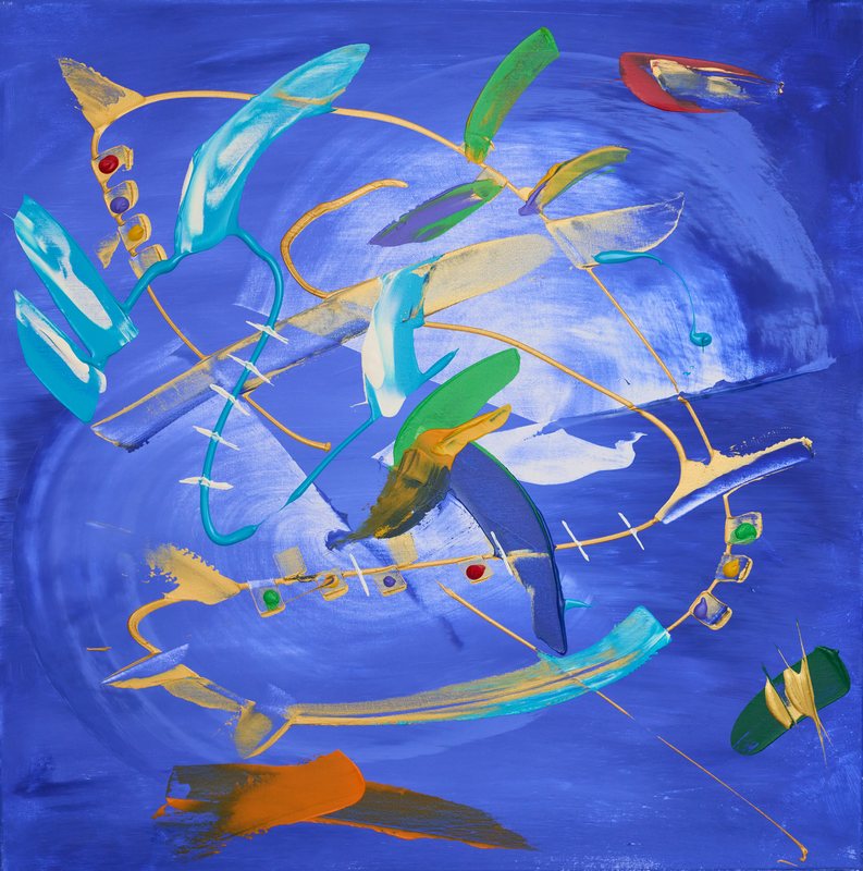 Party von Georg Pichl: quadratisches Bild auf kräftigem Blau mit schwungvollen goldenen Bögen und Akzenten in Türkis, Grün und Orange