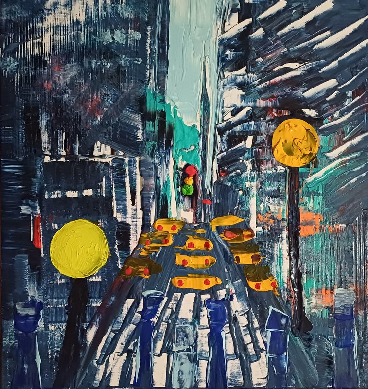 City von Georg Pichl: Straßenschlucht in Blau- und Türkistönen mit gelben Taxis, einer Ampel und zwei gelb leuchtenden Laternen